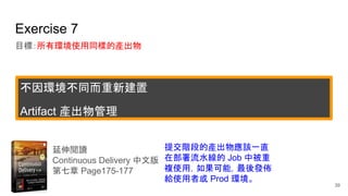Exercise 7
目標：所有環境使用同樣的產出物
延伸閱讀
Continuous Delivery 中文版
第七章 Page175-177
提交階段的產出物應該一直
在部署流水線的 Job 中被重
複使用，如果可能，最後發佈
給使用者或 Prod 環境。
39
不因環境不同而重新建置
Artifact 產出物管理
 