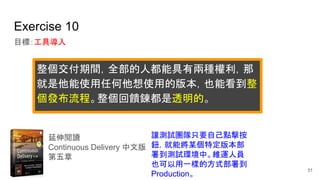 Exercise 10
目標：工具導入
延伸閱讀
Continuous Delivery 中文版
第五章
讓測試團隊只要自己點擊按
鈕，就能將某個特定版本部
署到測試環境中。維運人員
也可以用一樣的方式部署到
Production。
51
整個交付期間，全部的人都能具有兩種權利，那
就是他能使用任何他想使用的版本，也能看到整
個發布流程。整個回饋鍊都是透明的。
 
