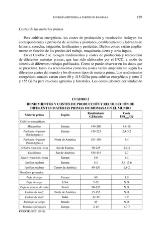 energía obtenidaa partir de biomasa	 129
Costes de las materias primas
Para cultivos energéticos, los costes de producción y recolección incluyen los
correspondientes a provisión de semillas y plantones, establecimiento y labranza de
la tierra, cosecha, irrigación, fertilizantes y pesticidas. Dichos costes varían amplia-
mente en función de los precios del trabajo, maquinaria, tierra y otros inputs.
En el Cuadro 2 se recogen rendimientos y costes de producción y recolección
de diferentes materias primas, que han sido elaborados por el IPCC, a modo de
síntesis de diferentes trabajos publicados. Como se puede observar en los datos que
se presentan, tanto los rendimientos como los costes varían ampliamente según las
diferentes partes del mundo y los diversos tipos de materia prima. Los rendimientos
energéticos anuales varían entre 80 y 415 GJ/ha para cultivos energéticos y entre 2
y 155 GJ/ha para residuos agrícolas y forestales. Los costes (dólares por unidad de
cuadro 2
Rendimientos y costes de producción y recolección de
diferentes materias primas de biomasa en el mundo
Materia prima Región
Rendimiento
GJ/ha/año
Coste
US$2005
/GJ
Cultivos energéticos
Miscanthus Europa 190-280 4,8-16
Paricum virgatum
(Switchgrass)
Europa 120-225 2,4-3,2
Paricum virgatum
(Switchgrass)
Norte de América 103-150 4,4
Árboles rotación corta Sur de Europa 90-225 2,9-4
Eucaliptus Sur de América 150-415 2,7
Sauce (rotación corta) Europa 140 4,4
Astillas madera Europa 110 3,4-13,6
Astillas madera Centro de América 80-150 1,8-2
Residuos primarios
Paja de trigo Europa 60 1,9
Paja de trigo USA 7-75 N.D.
Paja de azúcar de caña Brasil 90-126 N.D.
Cañote de maíz Norte de América 15-155 N.D.
Cañote de maíz India 22-30 0,9
Rastrojo de sorgo Mundo 85 N.D.
Residuos forestales Europa 2-15 1-7,7
Fuente: IPCC (2011).
 