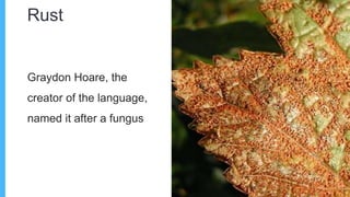 Rust
Graydon Hoare, the
creator of the language,
named it after a fungus
 