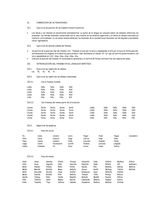 II. CORRECCION DE ALTERACIONES.
II.1. Ejercicios de posición de los órganos fonoarticulatorios.
• Los labios y los dientes se encontrarán entreabiertos. La punta de la lengua se colocará sobre los alvéolos inferiores sin
presionar, sus bordes laterales contactarán con la cara interna de los molares superiores y el dorso se elevará entrando en
contacto con el paladar. La vía aérea tendrá salida por los laterales de la cavidad bucal chocando con las mejillas y haciéndola
vibrar ligeramente.
II.2. Ejercicios de emisión aislada del fonema.
• Se partirá de la posición tipo del fonema /ch/. Tomando el aire por la nariz y expulsando el aire por la boca en dicha posición,
entrenaremos los órganos articulatorios para producir más fácilmente el sonido /ll/ /y/ que se emitirá posteriormente con
voz y apoyándose en /ch/: chay, choy, chuy, chey, chiy.
• Colocará la posición del fonema /ll/ previamente aprendida y lo emitirá de forma continua tras una inspiración nasal.
III. INTRODUCCIÓN DEL FONEMA EN EL LENGUAJE REPETIDO.
III.1. Ejercicios de repetición de sílabas.
Lla, llo, llu, lle, lli.
III.2. Ejercicios de repetición de sílabas combinadas.
III.2.1. Con el fonema tratado.
Llalla, llallo llallu llalle llalli
Llolla llollo llollu llolle llolli
Llulla llullo llullu llulle llulli
Llella llello llellu llelle llelli
Llilla llillo llillu llille llilli
III.2.2. Con fonemas del mismo punto de articulación.
Llacha, llacho llachu llache llachi
Llocha llocho llochu lloche llochi
Llucha llucho lluchu lluche lluchi
Llecha llecho llechu lleche llechi
Llicha llicho llichu lliche llichi
Llaña, llaño llañu llañe llañi
Lloña lloño lloñu lloñe lloñi
Lluña lluño lluñu lluñe lluñi
Lleña lleño lleñu lleñe lluñi
Lliña lliño lliñu lliñe lliñi
III.3. Repetición de palabras.
III.3.1. Posición inicial.
Ya
Yate
Yaya
Llaga
Llama
Llano
Llave
Llanto
Llavín
Llamada
Llavero
Llanura
Llanero
Yacimiento
Yo
Lloro
Yoga
Yoda
Llorón
Yoyo
Yogur
Llorica
Llovizna
Yodoso
Lluvia
Yudo
Yugo
Yugular
Lluvioso
Llena
Yegua
Yeso
Yema
Llegada
Yesica
Llevadero
III.3.2. Posición media.
Valla
Silla
Bella
Malla
Bolla
Molla
Quilla
Villa
Falla
Hoya
Suya
Payaso
Mesilla
Doncella
Camilla
Tallaje
Tallarín
Toquilla
Semilla
Vaquilla
Villano
Botella
Sevilla
Rodilla
Pollo
Sello
Tuyo
Chollo
Callo
Bollo
Mayo
Hoyo
Pillo
Cuello
Mayor
Sollozo
Tocayo
Sencillo
Visillo
Gallofa
Codillo
Bellota
Repollo
Gatillo
Caballo
Solomillo
Pepinillo
Ayuda
Ayuno
Desayuno
Talludo
Bolludo
Cabelludo
Ayudante
Calle
Valle
Elle
Guille
Ayer
Talle
Muelle
Balleta
Galleta
Calleta
Billete
Ballena
Molleja
Bollería
Pellejo
Poyete
Popeye
Belleza
Mollera
Allí
Gallina
Tullido
Aullido
Rollizo
Pelliza
Pollito
Chillido
Pollino
Gallinero
Mellizo
Mullido
 