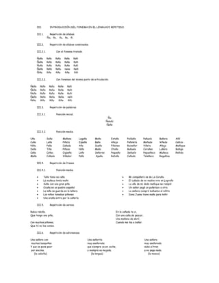 III. INTRODUCCIÓN DEL FONEMA EN EL LENGUAJE REPETIDO.
III.1. Repetición de sílabas.
Ña, ño, ñu, ñe, ñi.
III.2. Repetición de sílabas combinadas.
III.2.1. Con el fonema tratado.
Ñaña ñaño ñañu ñañe ñañi
Ñoña ñoño ñoñu ñoñe ñoñi
Ñuña ñuño ñuñu ñuñe ñuñi
Ñeña ñeño ñeñu nene ñeñi
Ñiña ñiño ñiñu ñiñe ñiñi
III.2.2. Con fonemas del mismo punto de articulación.
Ñalla ñallo ñallu ñalle ñalli
Ñolla ñollo ñollu ñolle ñolli
Ñulla ñullo ñullu ñulle ñulli
Ñella ñello ñellu ñelle nelli
Ñilla ñillo ñillu ñille ñilli
III.3. Repetición de palabras.
III.3.1. Posición inicial.
Ñu
Ñandú
Ñoño
III.3.2. Posición media.
Uña
Cuña
Niña
Doña
Caña
Maña
Seña
Leña
Peña
Tiña
Coñac
Cuñado
Mañana
Piñata
Cañada
Piñazo
Cigüeña
Viñador
Legaña
España
Año
Niño
Leño
Paño
Moño
Baño
Sueño
Maño
Señores
Apaño
Estaño
Añojo
Piñones
Otoño
Pequeño
Retoño
Peldaño
Pañoleta
Ruiseñor
Buñuelo
Señuelo
Ceñudo
Pañuelo
Moñudo
Viñeta
Coruñes
Pequeñeco
Teleñeco
Bañera
Viñedo
Añejo
Luñero
Muñeca
Regañina
Añil
Cañizo
Meñique
Boñiga
Reñido
III.4. Repetición de frases.
III.4.1. Posición media.
• Toño tomo su caña
• La muñeca tenía moño
• Soñe con una gran piña
• Ocaña es un pueblo español
• La leña se guarda en la leñera
• Los niños tomabas piñones
• Una araña entro por la cañería
• Mi compañero es de La Coruña
• El cuñado de mi madre vive en Logroño
• La uña de mi dedo meñique se rompió
• Un señor pegó un puñetazo a otro
• La señora compró buñuelos al niñito
• Dona Juana tiene maña para teñir
III.5. Repetición de versos.
Rabia rabiña,
Que tengo una piña,
Con muchos piñones,
Que tú no los comes.
En la cañada te vi,
Con una caña de pescar,
Una mañana de abril,
Cuando me iba a bañar.
III.6. Repetición de adivinanzas.
Una señora con
muchas basquiñas
Y que se pone peor
por encima.
(la cebolla)
Una señorita
muy aseñorada
que siempre va en coche,
y siempre va mojada.
(la lengua)
Una señora
muy aseñorada
sube al tren
y no paga nada.
(la mosca)
 