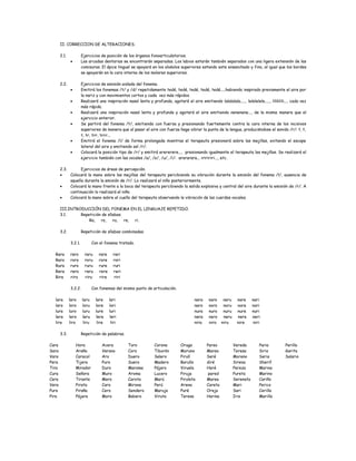 II. CORRECCION DE ALTERACIONES.
2.1. Ejercicios de posición de los órganos fonoarticulatorios.
• Las arcadas dentarias se encontrarán separadas. Los labios estarán también separados con una ligera extensión de las
comisuras. El ápice lingual se apoyará en los alvéolos superiores estando este ensanchado y fino, al igual que los bordes
se apoyarán en la cara interna de los molares superiores.
2.2. Ejercicios de emisión aislada del fonema.
• Emitirá los fonemas /t/ y /d/ repetidamente tedé, tedé, tedé, tedé, tedé.....habiendo inspirado previamente el aire por
la nariz y con movimientos cortos y cada vez más rápidos.
• Realizará una inspiración nasal lenta y profunda, agotará el aire emitiendo lalalalala....., lelelelele....., lilililili..., cada vez
más rápido.
• Realizará una inspiración nasal lenta y profunda y agotará el aire emitiendo nenenene..., de la misma manera que el
ejercicio anterior.
• Se partirá del fonema /t/, emitiendo con fuerza y presionando fuertemente contra la cara interna de los incisivos
superiores de manera que al pasar el aire con fuerza haga vibrar la punta de la lengua, produciéndose el sonido /r/: t, t,
t, tr, trr, trrr...
• Emitirá el fonema /l/ de forma prolongada mientras el terapeuta presionará sobre las mejillas, evitando el escape
lateral del aire y emitiendo así /r/.
• Colocará la posición tipo de /r/ y emitirá erererere..., presionando igualmente el terapeuta las mejillas. Se realizará el
ejercicio también con las vocales /a/, /o/, /u/, /i/: arararara... iriririri..., etc.
2.3. Ejercicios de áreas de percepción.
• Colocará la mano sobre las mejillas del terapeuta percibiendo su vibración durante la emisión del fonema /l/, ausencia de
aquella durante la emisión de /r/. Lo realizará el niño posteriormente.
• Colocará la mano frente a la boca del terapeuta percibiendo la salida explosiva y central del aire durante la emisión de /r/. A
continuación lo realizará el niño.
• Colocará la mano sobre el cuello del terapeuta observando la vibración de las cuerdas vocales.
III.INTRODUCCIÓN DEL FONEMA EN EL LENGUAJE REPETIDO.
3.1. Repetición de sílabas.
Ra, ro, ru, re, ri.
3.2. Repetición de sílabas combinadas.
3.2.1. Con el fonema tratado.
Rara raro raru rare rari
Raro roro roru rore rori
Rura ruro ruru rure ruri
Rera rero reru rere reri
Rira riro riru rire riri
3.2.2. Con fonemas del mismo punto de articulación.
lara laro laru lare lari
laro loro loru lore lori
lura luro luru lure luri
lera lero leru lere leri
lira liro liru lire liri
nara naro naru nare nari
naro noro noru nore nori
nura nuro nuru nure nuri
nera nero neru nere neri
nira niro niru nire niri
3.3. Repetición de palabras.
Cara
Sara
Vara
Pera
Tira
Cura
Cera
Vera
Pura
Pira
Hora
Araña
Caracol
Tijera
Mirador
Señora
Tirante
Pirata
Piraña
Pájara
Acera
Verano
Aro
Puro
Duro
Muro
Mero
Caro
Cero
Moro
Toro
Coro
Duero
Suero
Maroma
Aroma
Carota
Mirona
Sendero
Babero
Corona
Tiburón
Salero
Madero
Pájaro
Lucero
Marú
Perú
Maruja
Viruta
Oruga
Moruno
Pirulí
Barullo
Viruela
Piruja
Piruleta
Arena
Puré
Teresa
Pareo
Mareo
Seré
diré
Haré
pared
Marea
Careta
Oreja
Harina
Vereda
Teresa
Moreno
Sirena
Pereza
Pureta
Serenata
Mari
Sari
Iris
Paria
Sirio
Seria
Sherif
Marina
Marino
Cariño
Perico
Cerilla
Marilla
Perilla
Garita
Salario
 
