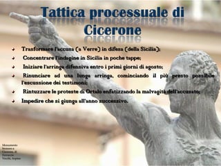 Trasformare l’accusa (a Verre) in difesa (della Sicilia);
                  Concentrare l’indasind in Sicilia in poche tappe;
                  Iniziare l’arrinsa difensiva entro i primi giorni di agosto;
                  Rinunciare ad una lunga arringa, cominciando il più presto possibile
                 l’dscussiond dei testimoni;
                  Rintuzzare le proteste di Ortalo enfatizzando la malvagità ddll’accusato;
                 Impedire che si giunga all’anno successivo.




Monumento
bronzeo a
Cicerone, di
Ferruccio
Vecchi, Arpino
 