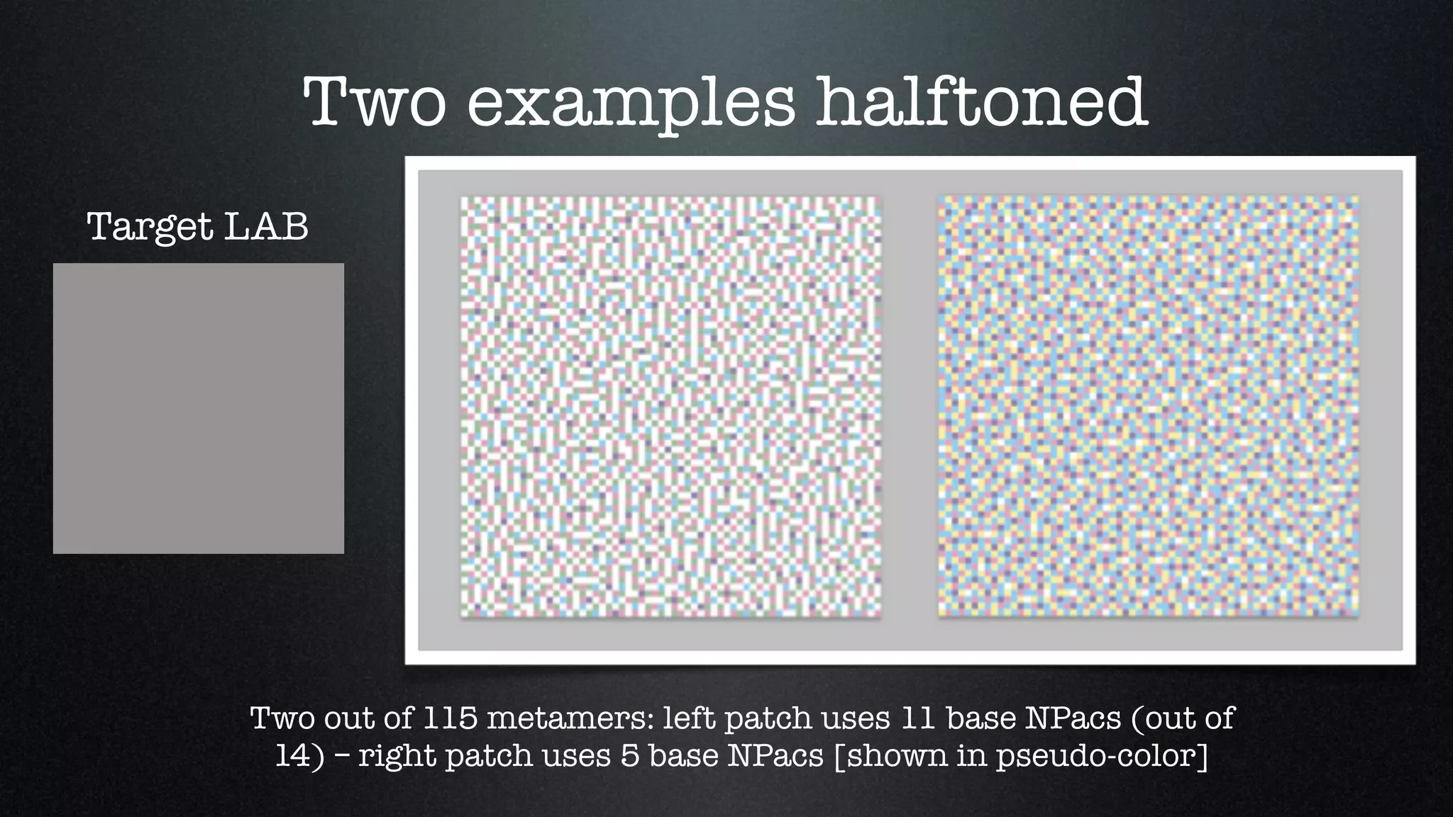 Two examples halftoned
Two out of 115 metamers: left patch uses 11 base NPacs (out of
14) – right patch uses 5 base NPacs [shown in pseudo-color]
Target LAB
 