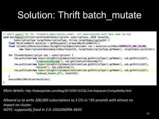 Solution: Thrift batch_mutate

More details: http://thelastpickle.com/blog/2013/09/13/CQL3-to-Astyanax-Compatibility.html
Allowed us to write 200,000 subscriptions to 3 CFs in ~45 seconds with almost no
impact on cluster.
NOTE: supposedly fixed in 2.0: CASSANDRA-4693
25

 