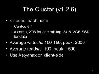 The Cluster (v1.2.6)
• 4 nodes, each node:
– Centos 6.4
– 8 cores, 2TB for commit-log, 3x 512GB SSD
for data

• Average writes/s: 100-150, peak: 2000
• Average reads/s: 100, peak: 1500
• Use Astyanax on client-side

5

 