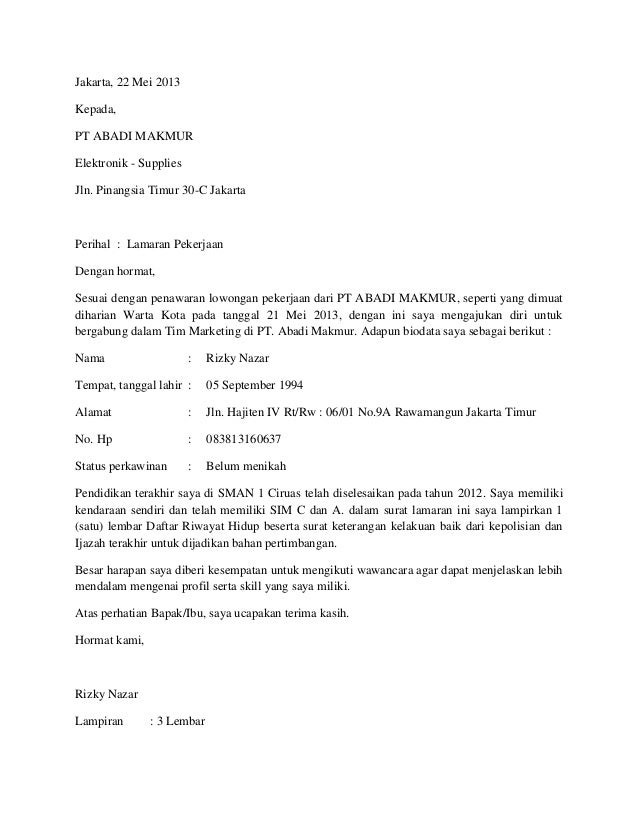 Contoh Surat Lamaran Di Toko Elektronik - Contoh Surat