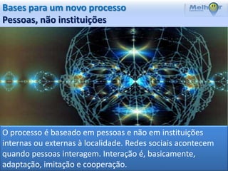 Bases para um novo processo
Pessoas, não instituições




O processo é baseado em pessoas e não em instituições
internas ou externas à localidade. Redes sociais acontecem
quando pessoas interagem. Interação é, basicamente,
adaptação, imitação e cooperação.
 
