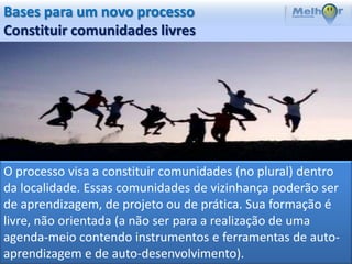 Bases para um novo processo
Constituir comunidades livres




O processo visa a constituir comunidades (no plural) dentro
da localidade. Essas comunidades de vizinhança poderão ser
de aprendizagem, de projeto ou de prática. Sua formação é
livre, não orientada (a não ser para a realização de uma
agenda-meio contendo instrumentos e ferramentas de auto-
aprendizagem e de auto-desenvolvimento).
 