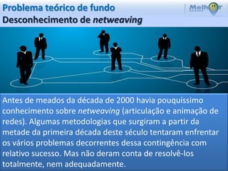 Problema teórico de fundo
Desconhecimento de netweaving




Antes de meados da década de 2000 havia pouquíssimo
conhecimento sobre netweaving (articulação e animação de
redes). Algumas metodologias que surgiram a partir da
metade da primeira década deste século tentaram enfrentar
os vários problemas decorrentes dessa contingência com
relativo sucesso. Mas não deram conta de resolvê-los
totalmente, nem adequadamente.
 