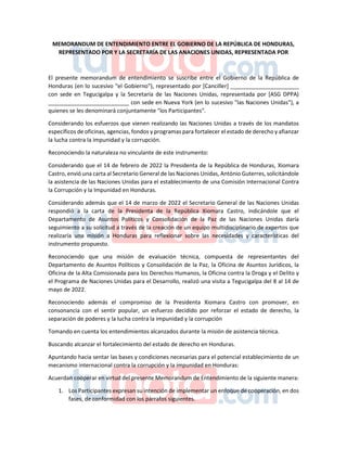 MEMORANDUM DE ENTENDIMIENTO ENTRE EL GOBIERNO DE LA REPÚBLICA DE HONDURAS,
REPRESENTADO POR Y LA SECRETARÍA DE LAS ANACION...