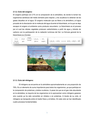 5
2.1.2. Ciclo del oxígeno:
El oxígeno participa con 21% en la composición de la atmósfera, de donde lo toman los
organismos aeróbicos del medio terrestre para respirar, y los acuáticos lo obtienen de los
gases disueltos en el agua. El oxígeno molecular que se libera a la atmósfera y al agua
procede de la disociación de la molécula del agua durante la fotosíntesis, en la que se deja
escapar el oxígeno al ambiente como producto secundario. La fotosíntesis es el proceso
por el cual las células vegetales producen carbohidratos a partir de agua y bióxido de
carbono con la participación de la radiación luminosa del Sol. La fórmula general de la
fotosíntesis es (Conde)
2.1.3. Ciclo del nitrógeno:
El nitrógeno se encuentra en la atmósfera aproximadamente en una proporción de
79%. Es un elemento de suma importancia para todos los organismos, ya que participa en
la composición de proteínas y ácidos nucleicos. A pesar de que es el gas más abundante
en la atmósfera, la mayoría de los organismos no lo aprovechan como nitrógeno gaseoso
sino cuando ya ha sido convertido en nitratos o en proteínas. A través de su ciclo, el
nitrógeno se transporta entre el medio físico y el biótico. En este ciclo se han identificado
cuatro procesos fundamentales:
 