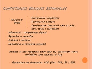 COMPETÈNCIES BÀSIQUES ESPANYOLES

                      o   Comunicació Lingüística
        Avaluació:
                       o Comprensió Lectora
          PISA
                       o Coneixement Interacció amb el món
                          físic, social i ciutadania
 o   Informació i competència digital
 o   Aprendre a aprendre
 o   Cultural i artística
 o   Autonomia e iniciativa personal

    Avaluar al nen requereix estar amb ell, necessitem tants
                  avaluadors com alumnes hi hagi

        Avaluacions de diagnòstic: LOE (Art. 144, 21 i 29)
 