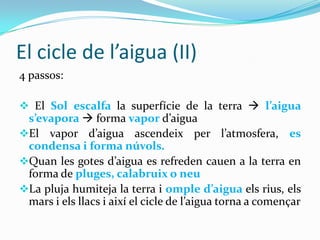 El cicle de l’aigua (II)
4 passos:

 El Sol escalfa la superfície de la terra  l’aigua
 s’evapora  forma vapor d’aigua
El vapor d’aigua ascendeix per l’atmosfera, es
 condensa i forma núvols.
Quan les gotes d’aigua es refreden cauen a la terra en
 forma de pluges, calabruix o neu
La pluja humiteja la terra i omple d’aigua els rius, els
 mars i els llacs i així el cicle de l’aigua torna a començar
 