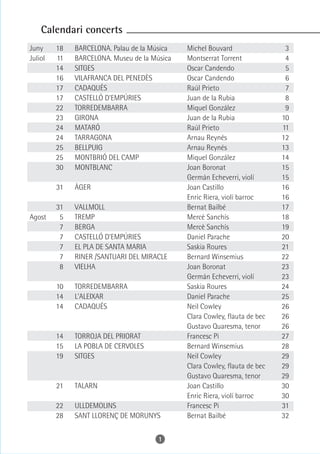 Calendari concerts
Juny     18   BARCELONA. Palau de la Música   Michel Bouvard                 3
Juliol   11   BARCELONA. Museu de la Música   Montserrat Torrent             4
         14   SITGES                          Oscar Candendo                 5
         16   VILAFRANCA DEL PENEDÈS          Oscar Candendo                 6
         17   CADAQUÉS                        Raúl Prieto                    7
         17   CASTELLÓ D'EMPÚRIES             Juan de la Rubia               8
         22   TORREDEMBARRA                   Miquel González                9
         23   GIRONA                          Juan de la Rubia              10
         24   MATARÓ                          Raúl Prieto                   11
         24   TARRAGONA                       Arnau Reynés                  12
         25   BELLPUIG                        Arnau Reynés                  13
         25   MONTBRIÓ DEL CAMP               Miquel González               14
         30   MONTBLANC                       Joan Boronat                  15
                                              Germán Echeverri, violí       15
         31   ÀGER                            Joan Castillo                 16
                                              Enric Riera, violí barroc     16
         31   VALLMOLL                        Bernat Bailbé                 17
Agost     5   TREMP                           Mercè Sanchís                 18
          7   BERGA                           Mercè Sanchís                 19
          7   CASTELLÓ D'EMPÚRIES             Daniel Parache                20
          7   EL PLA DE SANTA MARIA           Saskia Roures                 21
          7   RINER /SANTUARI DEL MIRACLE     Bernard Winsemius             22
          8   VIELHA                          Joan Boronat                  23
                                              Germán Echeverri, violí       23
         10   TORREDEMBARRA                   Saskia Roures                 24
         14   L'ALEIXAR                       Daniel Parache                25
         14   CADAQUÉS                        Neil Cowley                   26
                                              Clara Cowley, flauta de bec   26
                                              Gustavo Quaresma, tenor       26
         14   TORROJA DEL PRIORAT             Francesc Pi                   27
         15   LA POBLA DE CERVOLES            Bernard Winsemius             28
         19   SITGES                          Neil Cowley                   29
                                              Clara Cowley, flauta de bec   29
                                              Gustavo Quaresma, tenor       29
         21   TALARN                          Joan Castillo                 30
                                              Enric Riera, violí barroc     30
         22   ULLDEMOLINS                     Francesc Pi                   31
         28   SANT LLORENÇ DE MORUNYS         Bernat Bailbé                 32


                                       1
 