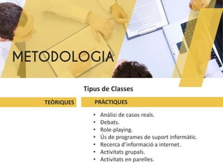 METODOLOGIA
• Anàlisi de casos reals.
• Debats.
• Role-playing.
• Ús de programes de suport informàtic.
• Recerca d’informació a internet.
• Activitats grupals.
• Activitats en parelles.
PRÀCTIQUES
Tipus de Classes
TEÒRIQUES
 