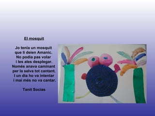 El mosquit Jo tenia un mosquit  que li deien Amanic.  No podia pas volar  i les ales desplegar. Només anava caminant  per la selva tot cantant. I un dia ho va intentar i mai més no va cantar. Tanit Socias 