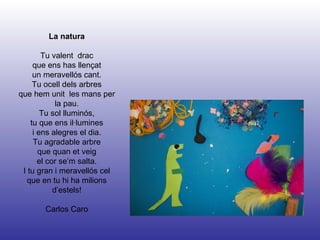 La natura Tu valent  drac que ens has llençat un meravellós cant. Tu ocell dels arbres que hem unit  les mans per la pau. Tu sol lluminós, tu que ens il·lumines i ens alegres el dia. Tu agradable arbre que quan et veig el cor se’m salta. I tu gran i meravellós cel que en tu hi ha milions d’estels! Carlos Caro 