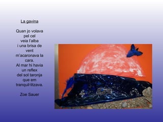 La gavina Quan jo volava pel cel veia l’alba i una brisa de vent m’acaronava la cara. Al mar hi havia un reflex del sol taronja que em tranquil·litzava. Zoe Sauer 