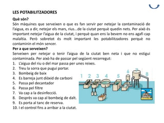 LES POTABILITZADORES
Què són?
Són màquines que serveixen o que es fan servir per netejar la contaminació de
l’aigua, es a dir, netejar els mars, rius...de la ciutat perquè quedin nets. Per això és
important netejar l’aigua de la ciutat, i perquè quan ens la bevem no ens agafi cap
malaltia. Però sobretot és molt important les potabilitzadores perquè no
contaminin el món sencer.
Per a que serveixen?
Serveixen per netejar o tenir l’aigua de la ciutat ben neta i que no estigui
contaminada. Per això ha de passar pel següent recorregut:
1. L’aigua del riu o del mar passa per unes reixes.
2. Treu la sorra que pugui portar.
3. Bombeig de baix
4. Es barreja junt diòxid de carboni
5. Passa pel decantador
6. Passa pel filtre
7. Va cap a la desinfecció.
8. Desprès va cap al bombeig de dalt.
9. Es porta al tanc de reserva.
10. I el control fins a arribar a la ciutat.
 