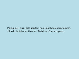 L’aigua dels rius i dels aqüífers no es pot beure directament,
s`ha de desinfectar i tractar. D’això se n’encarreguen...
 