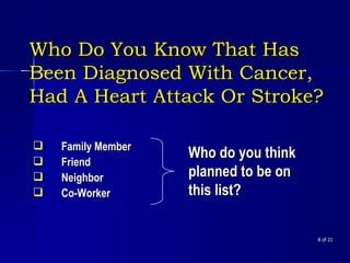Who Do You Know That Has Been Diagnosed With Cancer, Had A Heart Attack Or Stroke?    of 21 Family Member Friend Neighbor Co-Worker Who do you think planned to be on this list? 