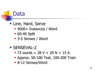 Data Line, Hard, Serve 4000+ Instances / Word 60:40 Split 3-5 Senses / Word SENSEVAL-2 73 words = 28 V + 29 N + 15 A Approx. 50-100 Test, 100-200 Train 8-12 Senses/Word 