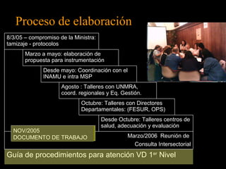 Proceso de elaboración 
8/3/05 – compromiso de la Ministra: 
tamizaje - protocolos 
Marzo a mayo: elaboración de 
propuesta para instrumentación 
Desde mayo: Coordinación con el 
INAMU e intra MSP 
Agosto : Talleres con UNMRA, 
coord. regionales y Eq. Gestión. 
Octubre: Talleres con Directores 
Departamentales: (FESUR, OPS) 
Desde Octubre: Talleres centros de 
salud, adecuación y evaluación 
Marzo/2006 Reunión de 
Consulta Intersectorial 
NOV/2005 
DOCUMENTO DE TRABAJO 
Guía de procedimientos para atención VD 1er Nivel 
 
