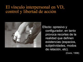 El vínculo interpersonal en VD, 
control y libertad de acción 
Efecto: opresivo y 
configurador, en tanto 
provoca recortes de la 
realidad que definen 
existencias (espacios, 
subjetividades, modos 
de relación, etc). 
(Corsi, 1998) 
 