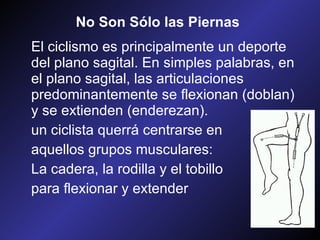 No Son Sólo las Piernas   El ciclismo es principalmente un deporte del plano sagital. En simples palabras, en el plano sagital, las articulaciones predominantemente se flexionan (doblan) y se extienden (enderezan).   un ciclista querrá centrarse en  aquellos grupos musculares:  La cadera, la rodilla y el tobillo  para flexionar y extender  