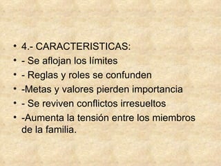 4.- CARACTERISTICAS: - Se aflojan los límites - Reglas y roles se confunden -Metas y valores pierden importancia - Se reviven conflictos irresueltos -Aumenta la tensión entre los miembros de la familia. 