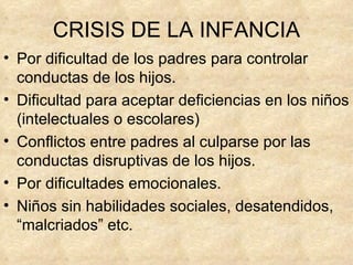 CRISIS DE LA INFANCIA Por dificultad de los padres para controlar conductas de los hijos. Dificultad para aceptar deficiencias en los niños (intelectuales o escolares) Conflictos entre padres al culparse por las conductas disruptivas de los hijos. Por dificultades emocionales. Niños sin habilidades sociales, desatendidos, “malcriados” etc. 