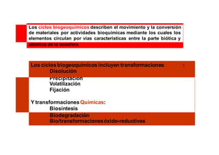Los ciclos biogeoquímicos describen el movimiento y la conversión 
de materiales por actividades bioquímicas mediante los cuales los 
elementos circulan por vías características entre la parte biótica y 
abiótica de la ecosfera 
Los ciclos biogeoquímicos incluyen transformaciones Físicas: 
Disolución 
Precipitación 
Volatilización 
Fijación 
Y transformaciones Químicas: 
Biosíntesis 
Biodegradación 
Bio/transformaciones óxido-reductivas 
 