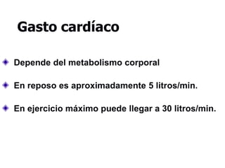 Gasto cardíaco
Depende del metabolismo corporal
En reposo es aproximadamente 5 litros/min.
En ejercicio máximo puede llegar a 30 litros/min.
 