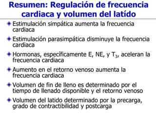 Resumen: Regulación de frecuencia
cardiaca y volumen del latído
Estimulación simpática aumenta la frecuencia
cardiaca
Estimulación parasimpática disminuye la frecuencia
cardiaca
Hormonas, específicamente E, NE, y T3, aceleran la
frecuencia cardiaca
Aumento en el retorno venoso aumenta la
frecuencia cardiaca
Volumen de fin de lleno es determinado por el
tiempo de llenado disponible y el retorno venoso
Volumen del latido determinado por la precarga,
grado de contractibilidad y postcarga
 