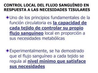CONTROL LOCAL DEL FLUJO SANGUÍNEO EN
RESPUESTA A LAS NECESIDADES TISULARES
Uno de los principios fundamentales de la
función circulatoria es la capacidad de
cada tejido de controlar su propio
flujo sanguíneo local en proporción a
sus necesidades metabólicas
Experimentalmente, se ha demostrado
que el flujo sanguíneo a cada tejido se
regula al nivel mínimo que satisface
sus necesidades
 