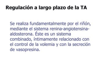 Regulación a largo plazo de la TA
Se realiza fundamentalmente por el riñón,
mediante el sistema renina-angiotensina-
aldosterona. Éste es un sistema
combinado, íntimamente relacionado con
el control de la volemia y con la secreción
de vasopresina.
 