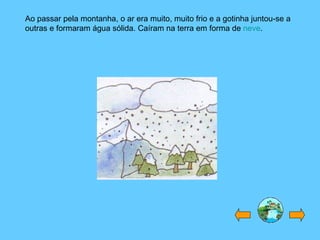 Ao passar pela montanha, o ar era muito, muito frio e a gotinha juntou-se a outras e formaram água sólida. Caíram na terra em forma de  neve . 