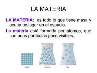 LA MATERIA <ul><li>LA MATERIA:   es todo lo que tiene masa y ocupa un lugar en el espacio.  </li></ul><ul><li>La materia  ...