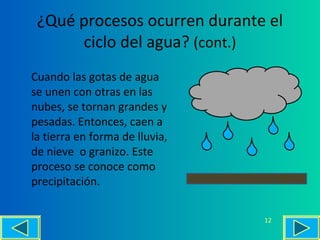 ¿Qué procesos ocurren durante el
ciclo del agua? (cont.)
Cuando las gotas de agua
se unen con otras en las
nubes, se tornan grandes y
pesadas. Entonces, caen a
la tierra en forma de lluvia,
de nieve o granizo. Este
proceso se conoce como
precipitación.
12
 