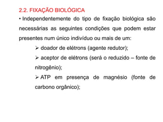 2.2. FIXAÇÃO BIOLÓGICA
• Independentemente do tipo de fixação biológica são
necessárias as seguintes condições que podem estar
presentes num único indivíduo ou mais de um:
 doador de elétrons (agente redutor);
 aceptor de elétrons (será o reduzido – fonte de
nitrogênio);
 ATP em presença de magnésio (fonte de
carbono orgânico);
 