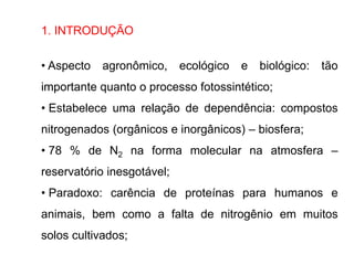 1. INTRODUÇÃO
• Aspecto agronômico, ecológico e biológico: tão
importante quanto o processo fotossintético;
• Estabelece uma relação de dependência: compostos
nitrogenados (orgânicos e inorgânicos) – biosfera;
• 78 % de N2 na forma molecular na atmosfera –
reservatório inesgotável;
• Paradoxo: carência de proteínas para humanos e
animais, bem como a falta de nitrogênio em muitos
solos cultivados;
 