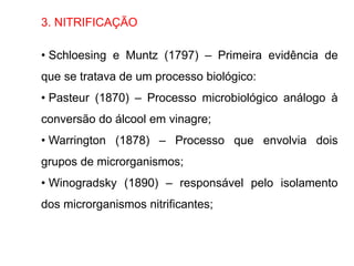 3. NITRIFICAÇÃO
• Schloesing e Muntz (1797) – Primeira evidência de
que se tratava de um processo biológico:
• Pasteur (1870) – Processo microbiológico análogo à
conversão do álcool em vinagre;
• Warrington (1878) – Processo que envolvia dois
grupos de microrganismos;
• Winogradsky (1890) – responsável pelo isolamento
dos microrganismos nitrificantes;
 