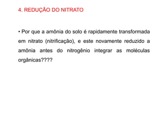 4. REDUÇÃO DO NITRATO
• Por que a amônia do solo é rapidamente transformada
em nitrato (nitrificação), e este novamente reduzido a
amônia antes do nitrogênio integrar as moléculas
orgânicas????
 