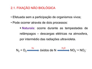 2.1. FIXAÇÃO NÃO BIOLÓGICA
• Efetuada sem a participação de organismos vivos;
• Pode ocorrer através de dois processos:
 Naturais: ocorre durante as tempestades de
relâmpagos – descargas elétricas na atmosfera,
por intermédio das radiações ultravioleta.
N2 + O2 óxidos de N NO2
- + NO3
-
hv H2O
 