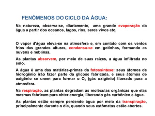 Na natureza, observa-se, diariamente,  uma grande  evaporação  da água a partir dos oceanos, lagos, rios, seres vivos etc. O vapor d'água eleva-se na atmosfera e, em contato com os ventos frios das grandes alturas,  condensa-se  em gotinhas, formando as nuvens e neblinas. As plantas  absorvem , por meio de suas raízes, a água infiltrada no solo. A  água é uma das matérias-primas da  fotossíntese : seus átomos de hidrogênio irão fazer parte da glicose fabricada, e seus átomos de oxigênio se unem para formar o O 2  (gás oxigênio) liberado para a atmosfera. Na  respiração , as plantas degradam as moléculas orgânicas que elas mesmas fabricam para obter energia, liberando gás carbônico e água.  As plantas estão sempre perdendo água por meio da  transpiração , principalmente durante o dia, quando seus estômatos estão abertos.   FENÔMENOS DO CICLO DA ÁGUA : 