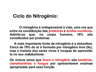 O  nitrogênio é indispensável à vida, uma vez que entra na constituição das  proteínas  e  ácidos nucléicos . Admite-se que, no corpo humano, 16% são constituídos por proteínas.       A mais importante fonte de nitrogênio  é  a atmosfera. Cerca de 78% do ar é formado por nitrogênio livre (N 2 ), mas a maioria dos seres vivos é incapaz de aproveitá-lo no seu metabolismo.   Os únicos seres que  fixam o nitrogênio  são  bactérias, cianobactérias e fungos  por apresentarem enzimas apropriadas para essa função.  Ciclo do Nitrogênio: 