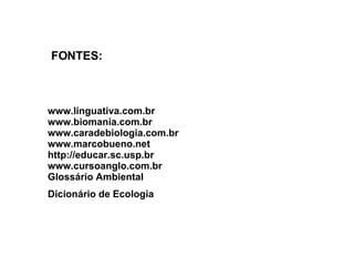 FONTES: www.linguativa.com.br www.biomania.com.br www.caradebiologia.com.br www.marcobueno.net http://educar.sc.usp.br www.cursoanglo.com.br Glossário Ambiental  Dicionário de Ecologia 