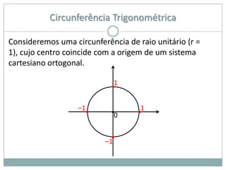 Circunferência Trigonométrica

Consideremos uma circunferência de raio unitário (r =
1), cujo centro coincide com a origem de um sistema
cartesiano ortogonal.

                             1
                            •

                   –1•
                            •0     •1


                            •
                          –1
 